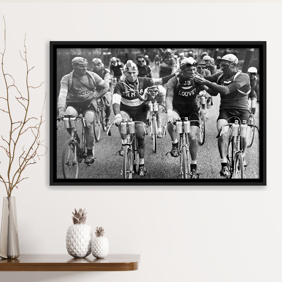 Tour De France Cyclists Smoking Black And White Print, Tour De France Bikers Framed Canvas Prints Wall Art Home Decor,Floating Frame