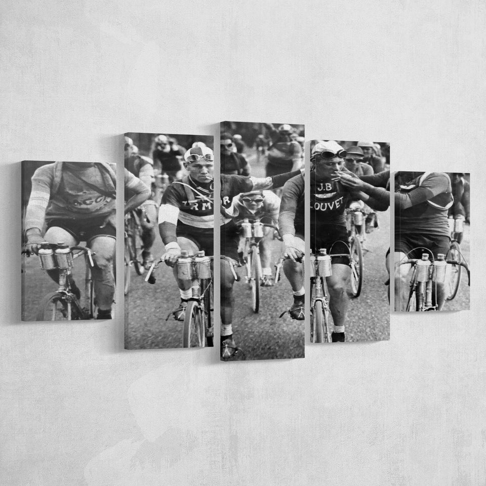 Tour De France Cyclists Smoking Black And White Print, Tour De France Bikers 5 Panels, Canvas Prints Wall Art Decor, Large Canvas Art