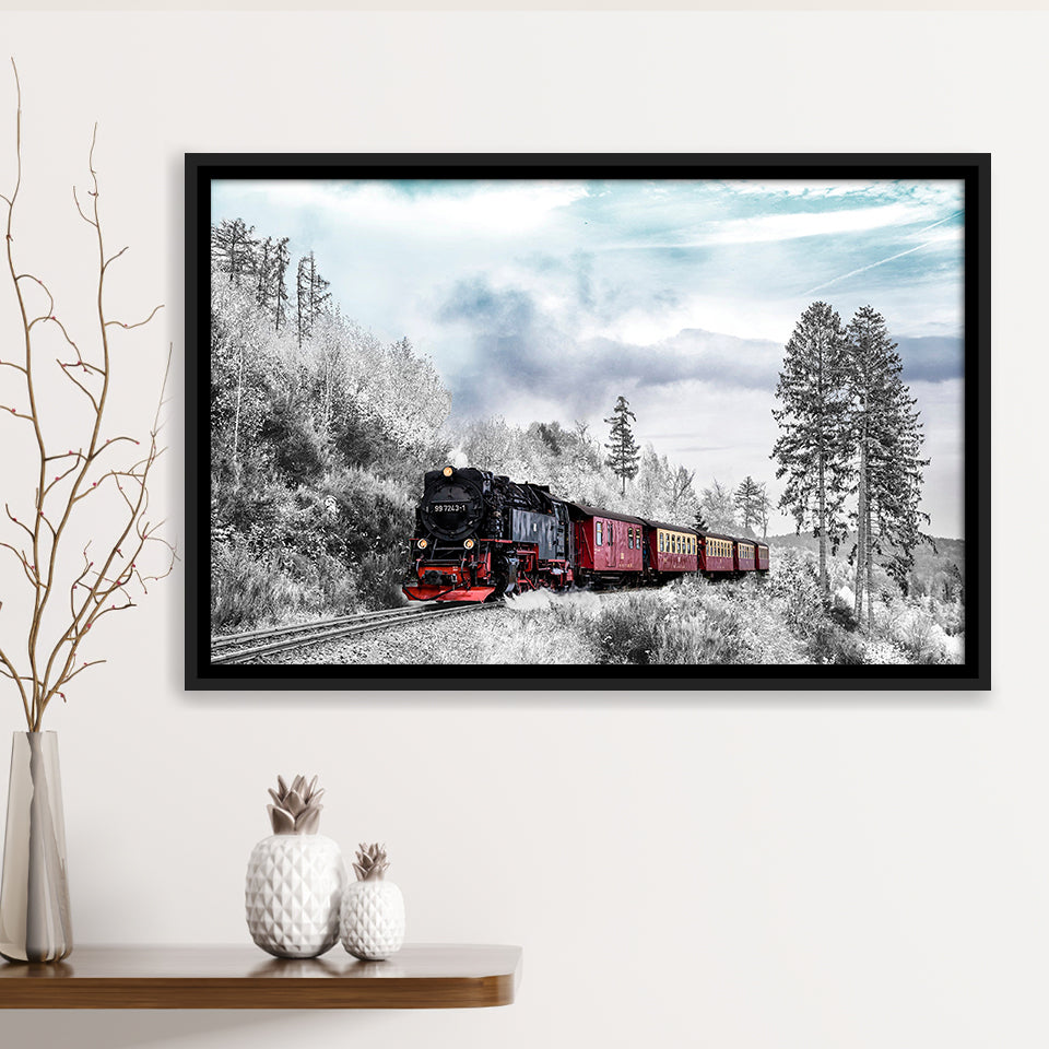 Train Large Locomotive Train Framed Canvas Prints Wall Art Home Decor - Painting Canvas, Black Frame, Framed Picture