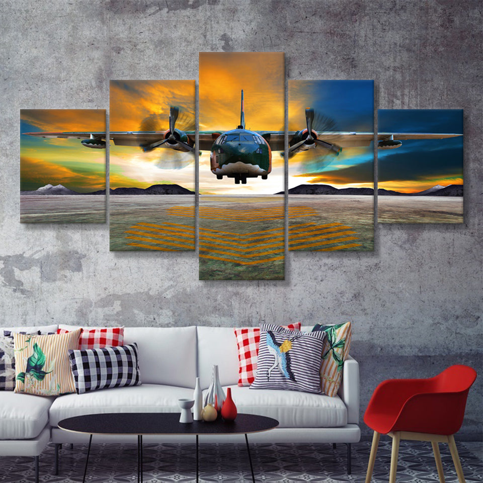 Transport Airplane Takeoff Runway Clouds Dawn 5 Piece Canvas Prints Wall Art Decor - Painting Canvas, Multi Panels
