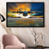 Transport Airplane Takeoff Runway Clouds Dawn Framed Canvas Prints Wall Art Decor - Painting Canvas, Black Framed Picture