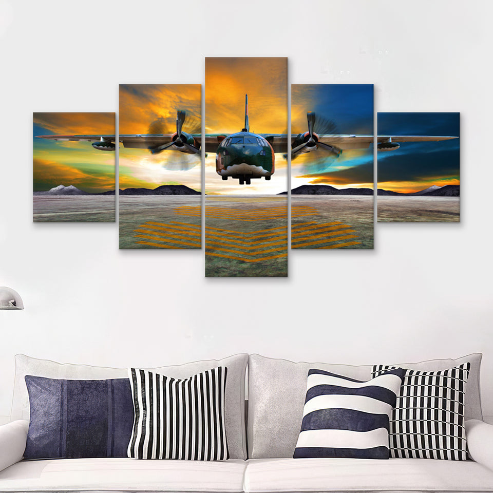Transport Airplane Takeoff Runway Clouds Dawn 5 Piece Canvas Prints Wall Art Decor - Painting Canvas, Multi Panels