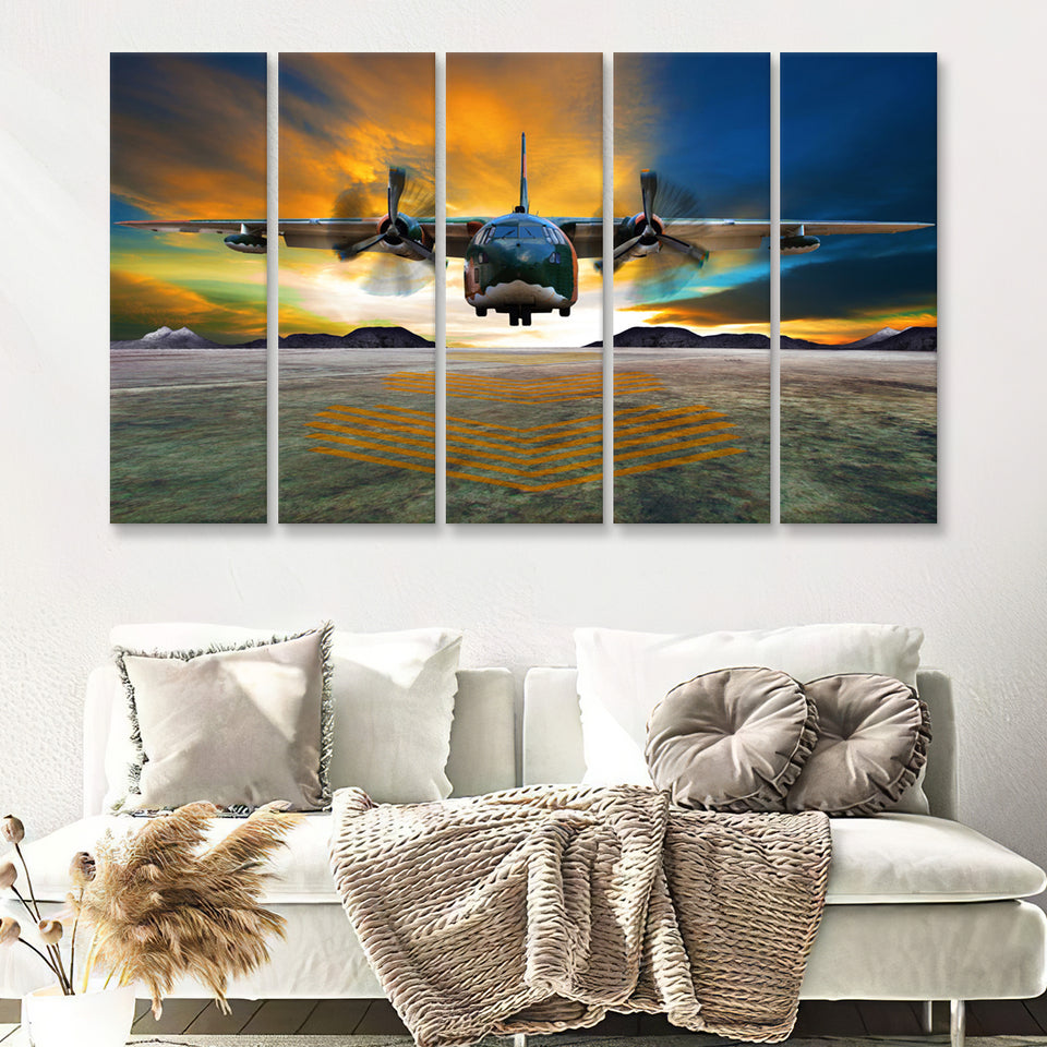 Transport Airplane Takeoff Runway Clouds Dawn 5 Piece B Canvas Prints Wall Art Decor - Painting Canvas, Multi Panels
