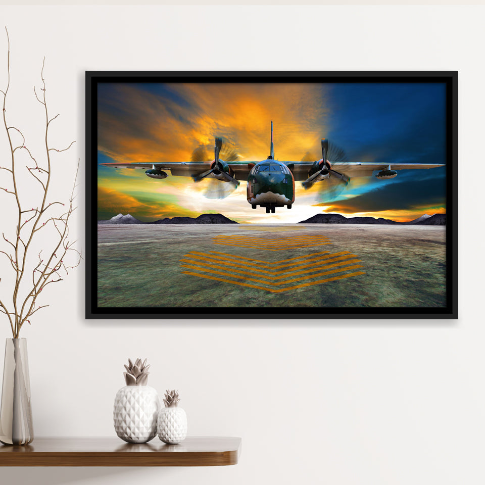 Transport Airplane Takeoff Runway Clouds Dawn Framed Canvas Prints Wall Art Decor - Painting Canvas, Black Framed Picture