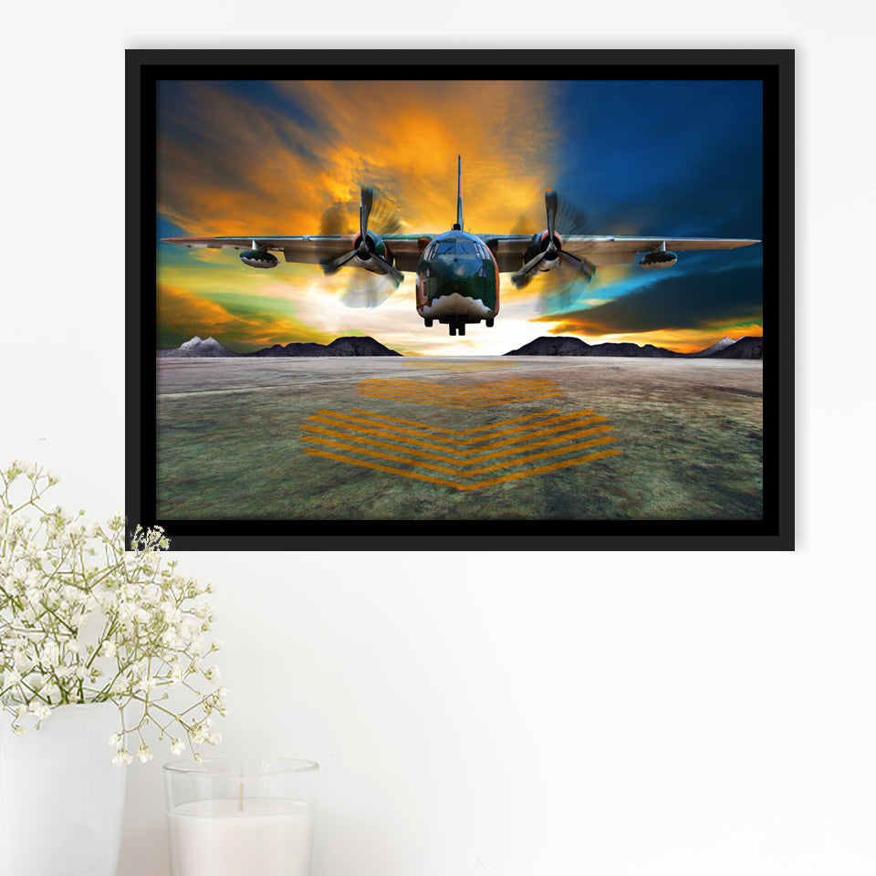 Transport Airplane Takeoff Runway Clouds Dawn Framed Canvas Prints Wall Art Decor - Painting Canvas, Black Framed Picture
