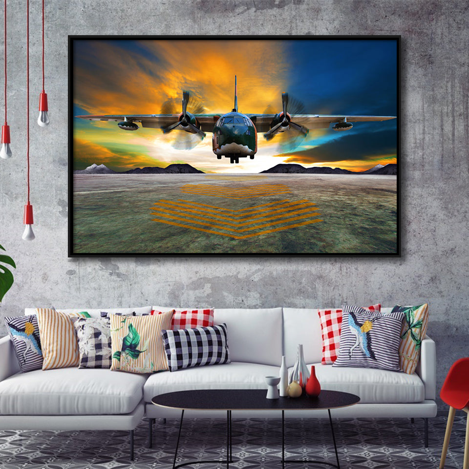 Transport Airplane Takeoff Runway Clouds Dawn Framed Canvas Prints Wall Art Decor - Painting Canvas, Black Framed Picture