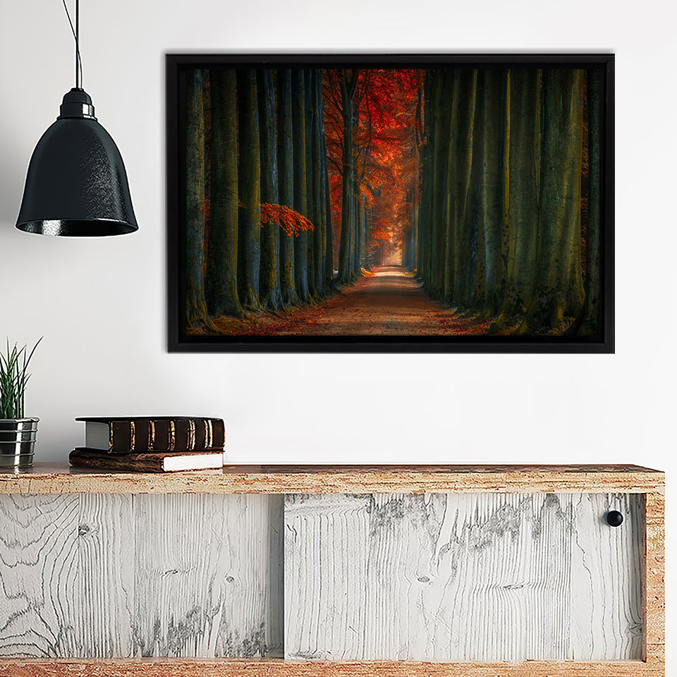 Tree Lined Winter Fall Alone Road Framed Canvas Wall Art - Canvas Prints, Prints For Sale, Painting Canvas,Framed Prints