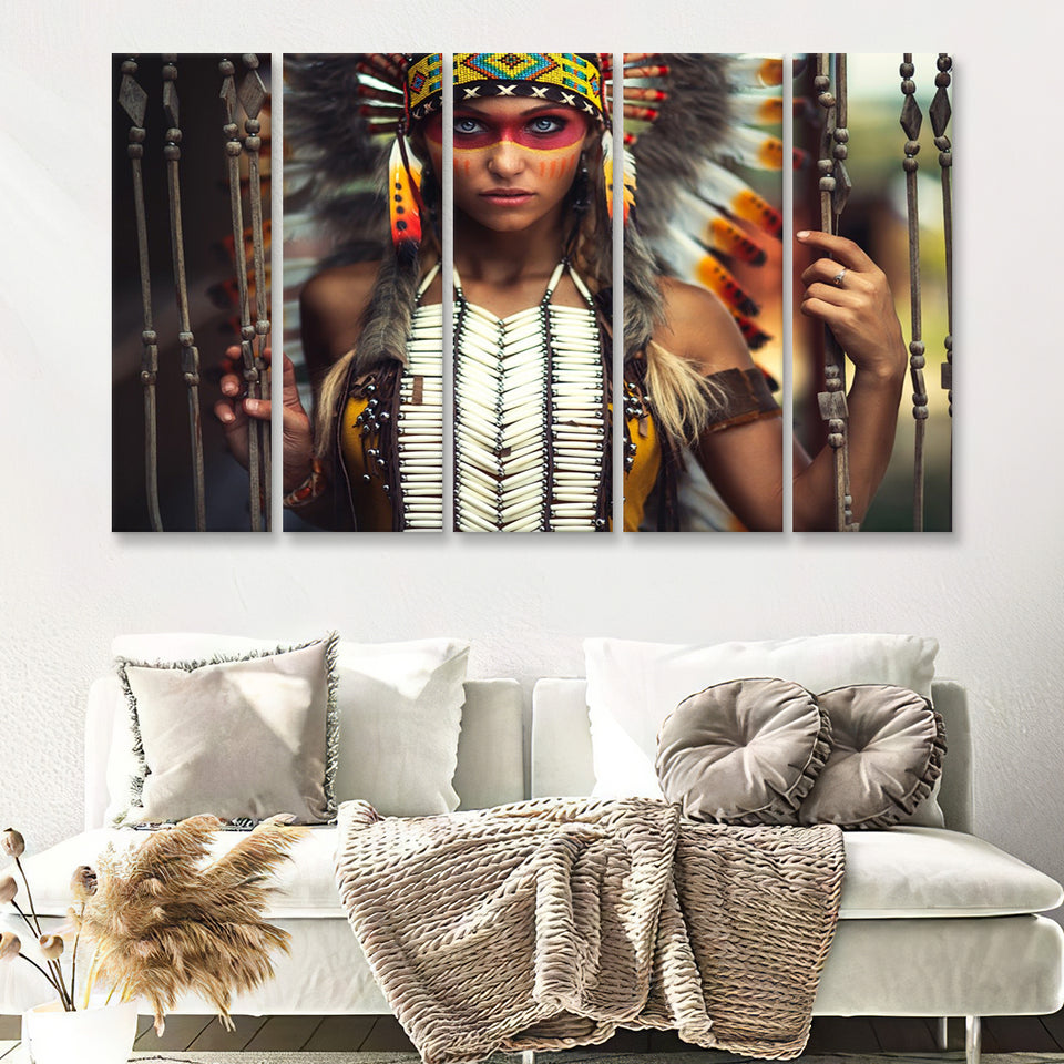 Tribal Native Indian Lady Painted Face American Indian Art 5 Pieces B Canvas Prints Wall Art - Painting Canvas, Multi Panels, Wall Decor