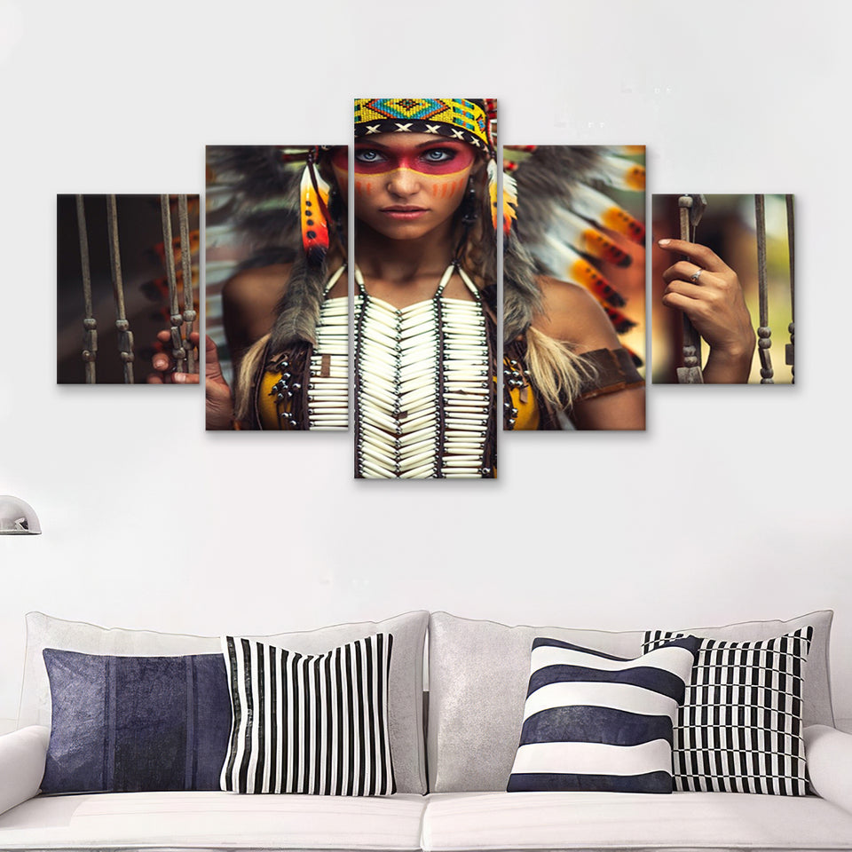 Tribal Native Indian Lady Painted Face American Indian Art 5 Pieces Canvas Prints Wall Art - Painting Canvas, Multi Panels, Wall Decor