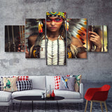 Tribal Native Indian Lady Painted Face American Indian Art 5 Pieces Canvas Prints Wall Art - Painting Canvas, Multi Panels, Wall Decor