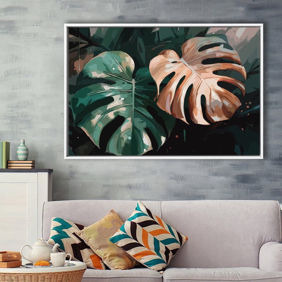 Tropical Monstera Leaf Wall Art, Tropical Leaf Water Color Painting Framed Canvas Prints Wall Art, Floating Frame, Large Canvas