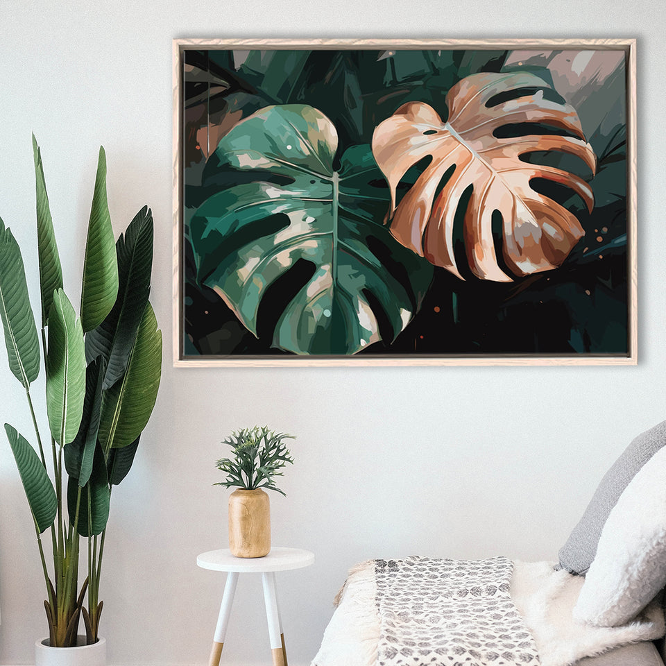 Tropical Monstera Leaf Wall Art, Tropical Leaf Water Color Painting Framed Canvas Prints Wall Art, Floating Frame, Large Canvas