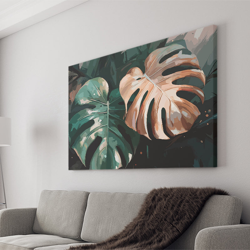 Tropical Monstera Leaf Wall Art, Tropical Leaf Water Color Painting Canvas Prints Wall Art, Home Living Room Decor, Large Canvas