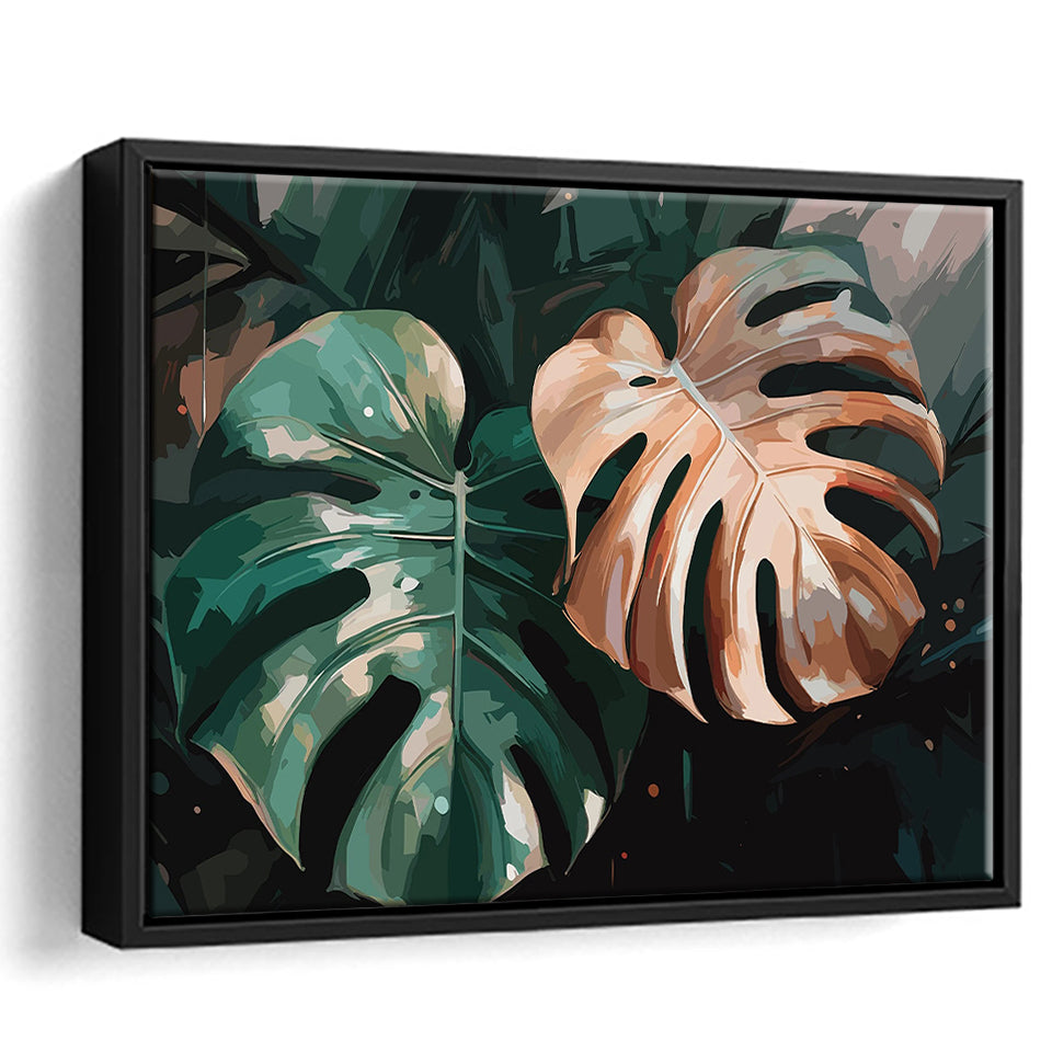Tropical Monstera Leaf Wall Art, Tropical Leaf Water Color Painting Framed Canvas Prints Wall Art, Floating Frame, Large Canvas