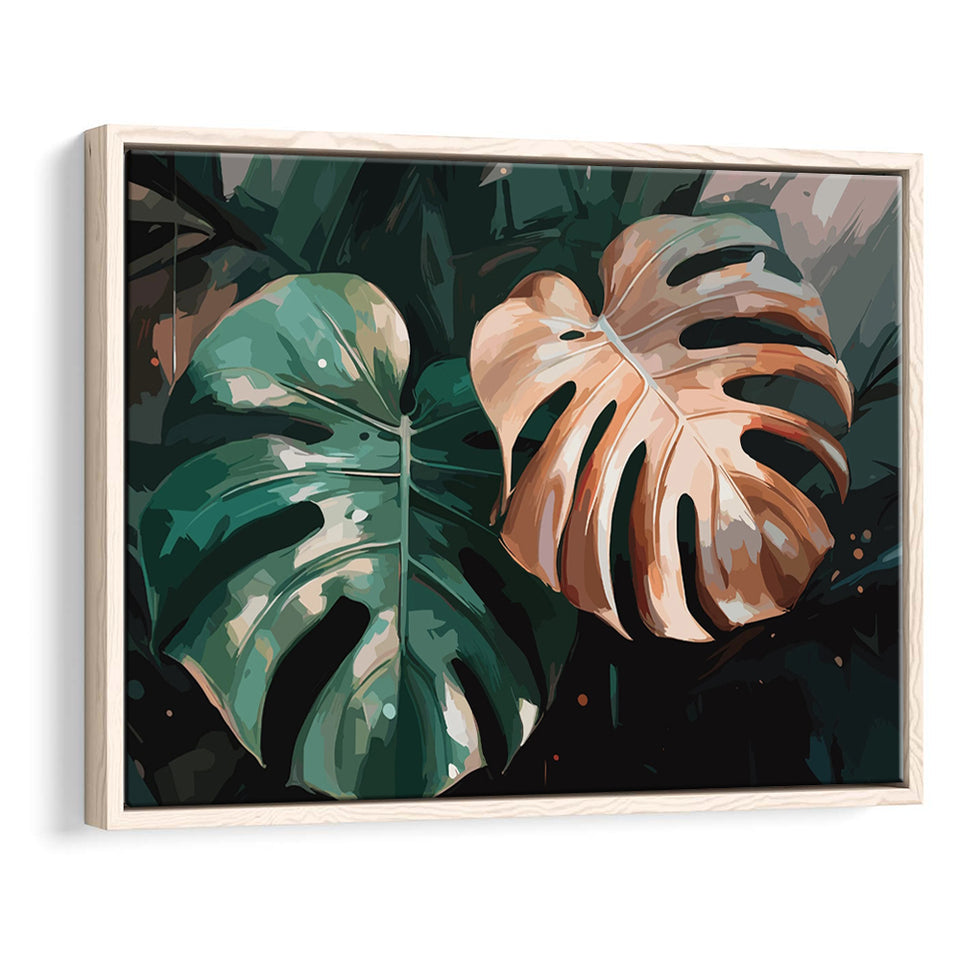Tropical Monstera Leaf Wall Art, Tropical Leaf Water Color Painting Framed Canvas Prints Wall Art, Floating Frame, Large Canvas