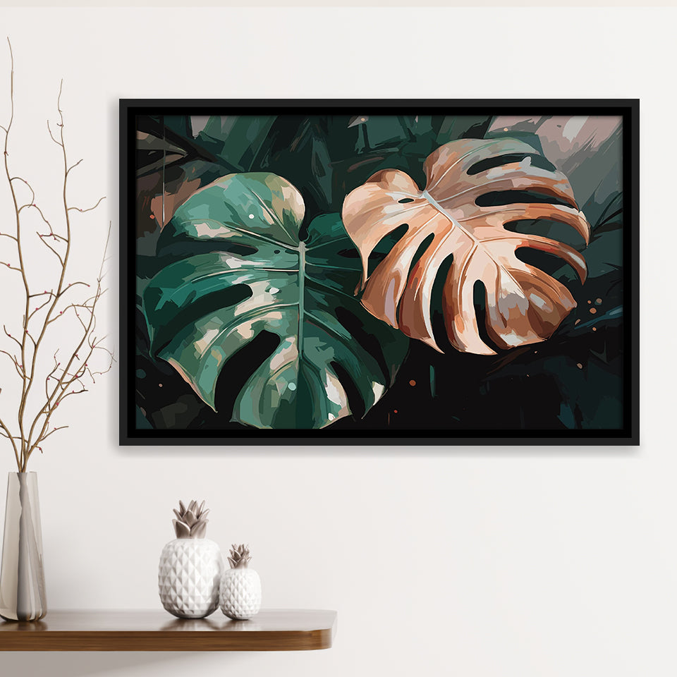Tropical Monstera Leaf Wall Art, Tropical Leaf Water Color Painting Framed Canvas Prints Wall Art, Floating Frame, Large Canvas