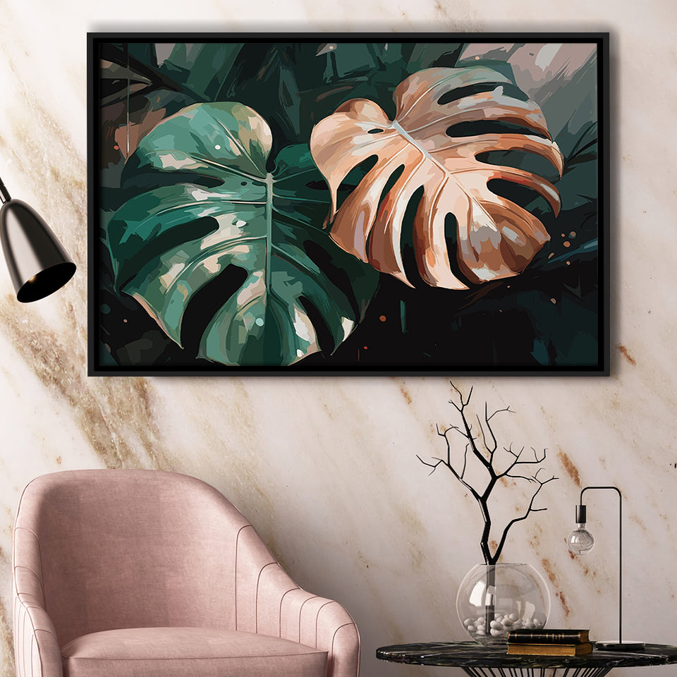 Tropical Monstera Leaf Wall Art, Tropical Leaf Water Color Painting Framed Canvas Prints Wall Art, Floating Frame, Large Canvas
