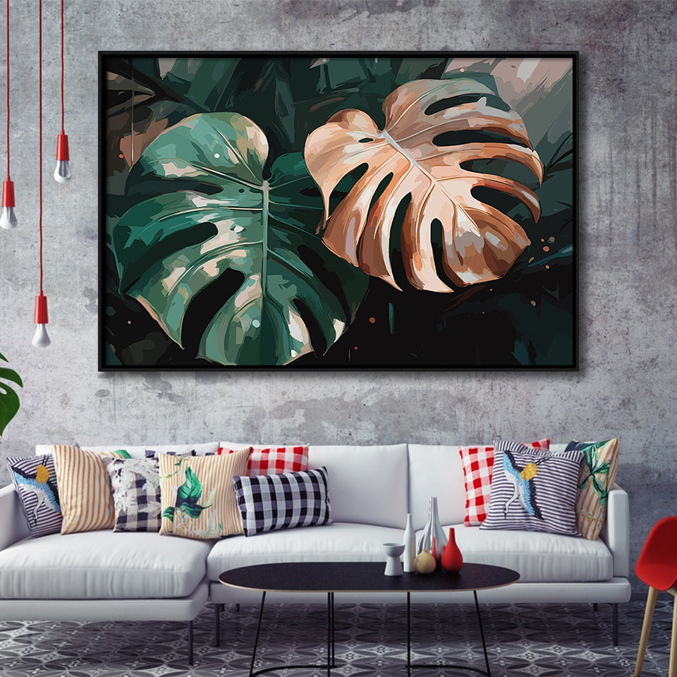 Tropical Monstera Leaf Wall Art, Tropical Leaf Water Color Painting Framed Canvas Prints Wall Art, Floating Frame, Large Canvas