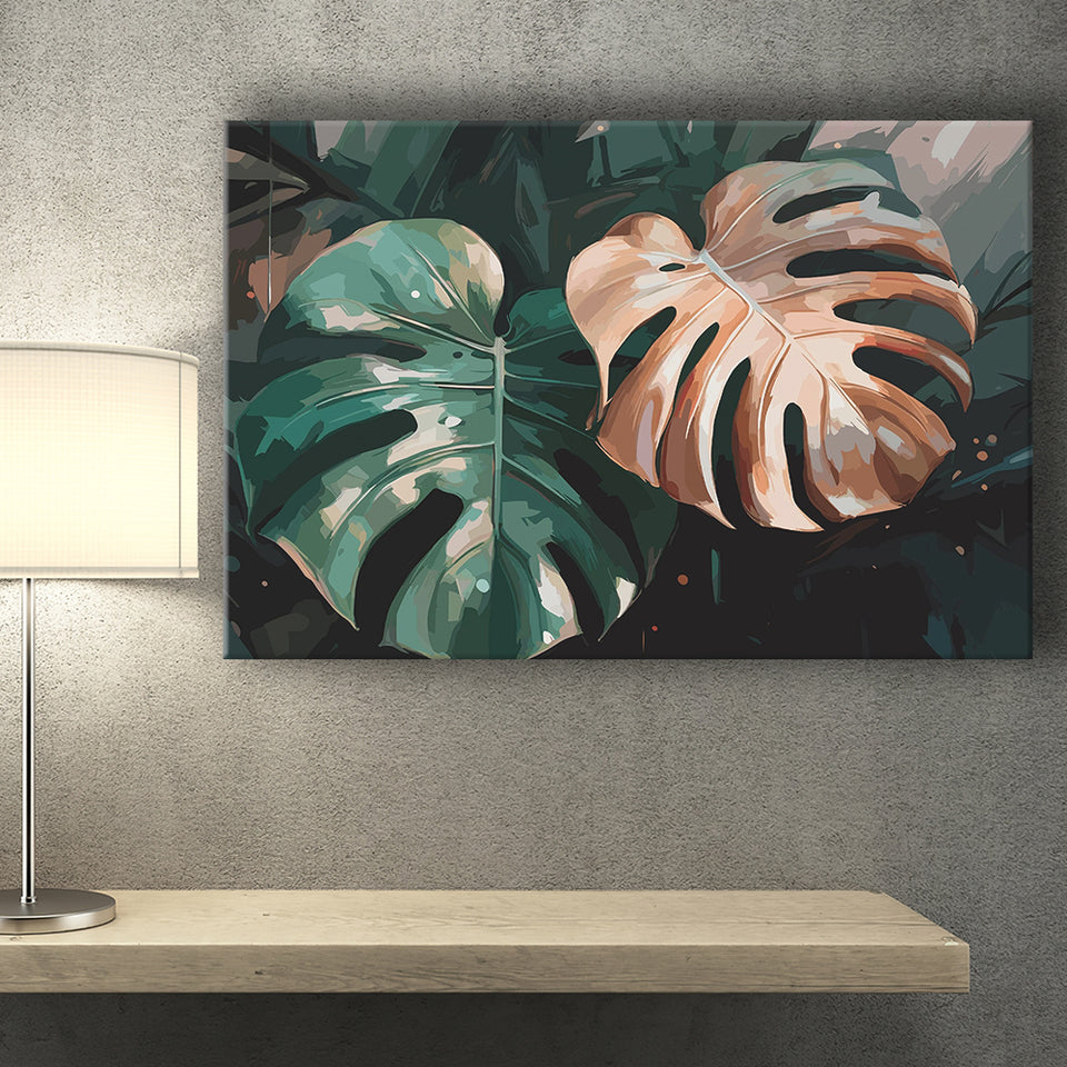 Tropical Monstera Leaf Wall Art, Tropical Leaf Water Color Painting Canvas Prints Wall Art, Home Living Room Decor, Large Canvas