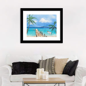 Tropical Beach With Boat And Palms Framed Wall Art - Framed Prints, Art Prints, Home Decor, Painting Prints