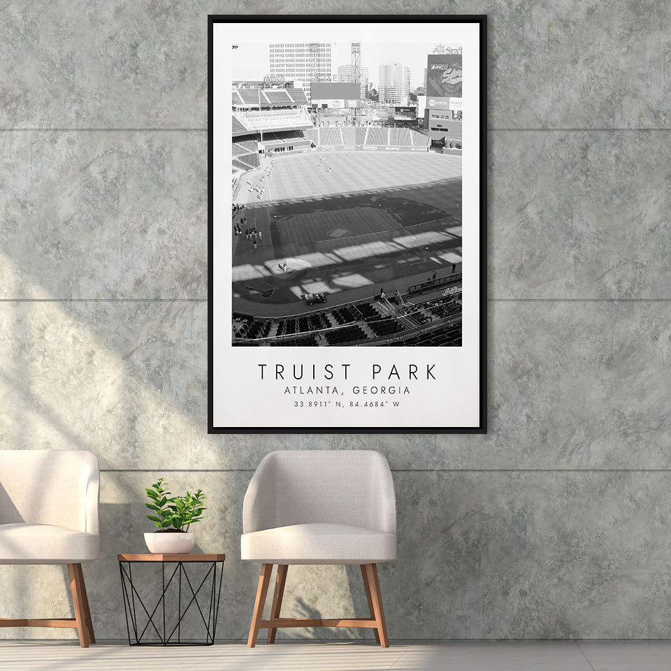 Truist Park Atlanta Braves Baseball Lovers Black And White Art Framed Canvas Prints Wall Art Home Decor, Floating Frame