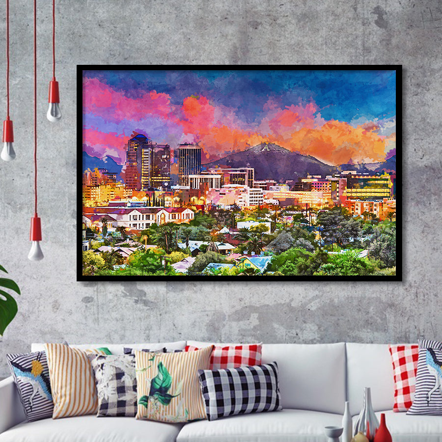 Tucson Arizona Usa Downtown Skyline Sentinel City Art Watercolor Framed Art Prints Wall Art Decor,Framed Picture