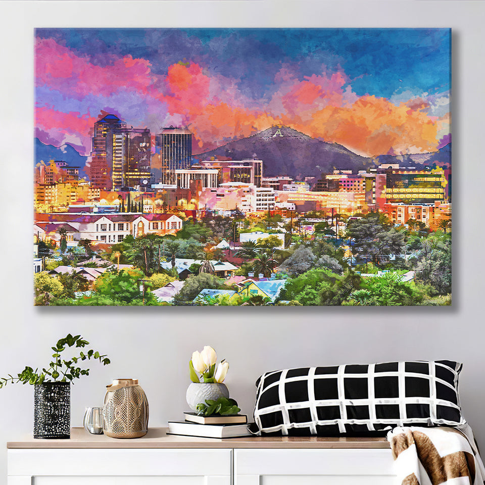 Tucson Arizona Usa Downtown Skyline Sentinel City Art Watercolor Canvas Prints Wall Art Home Decor, Large Canvas