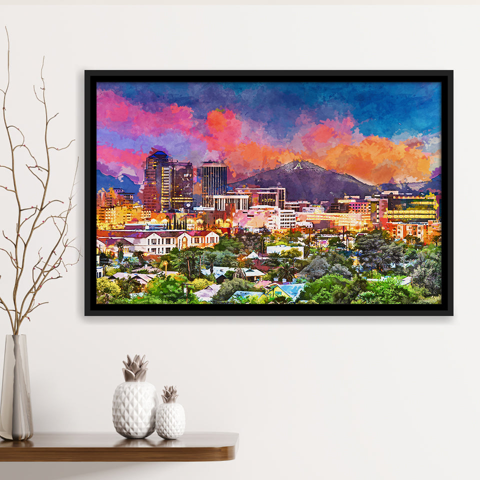 Tucson Arizona Usa Downtown Skyline Sentinel City Art Watercolor Framed Canvas Prints Wall Art Home Decor,Floating Frame