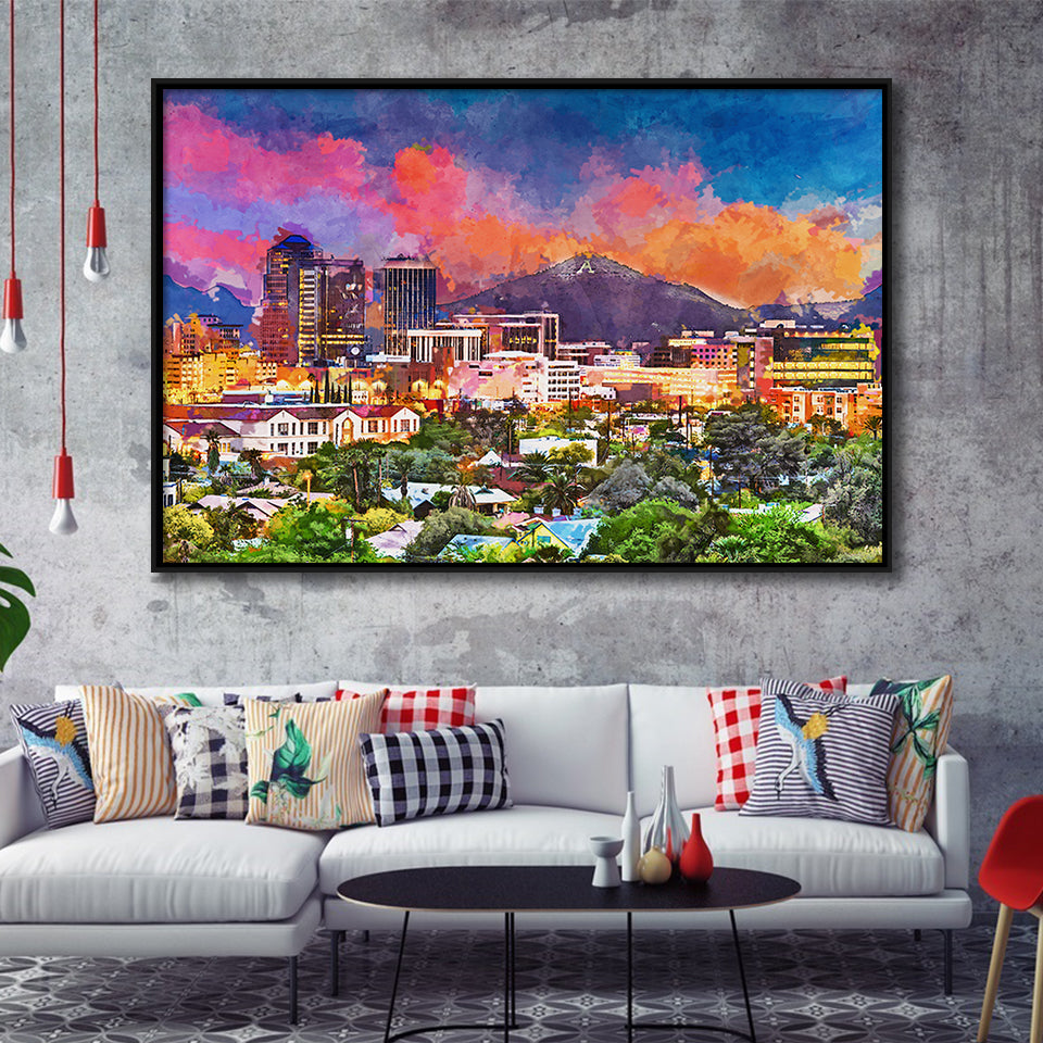 Tucson Arizona Usa Downtown Skyline Sentinel City Art Watercolor Framed Canvas Prints Wall Art Home Decor,Floating Frame