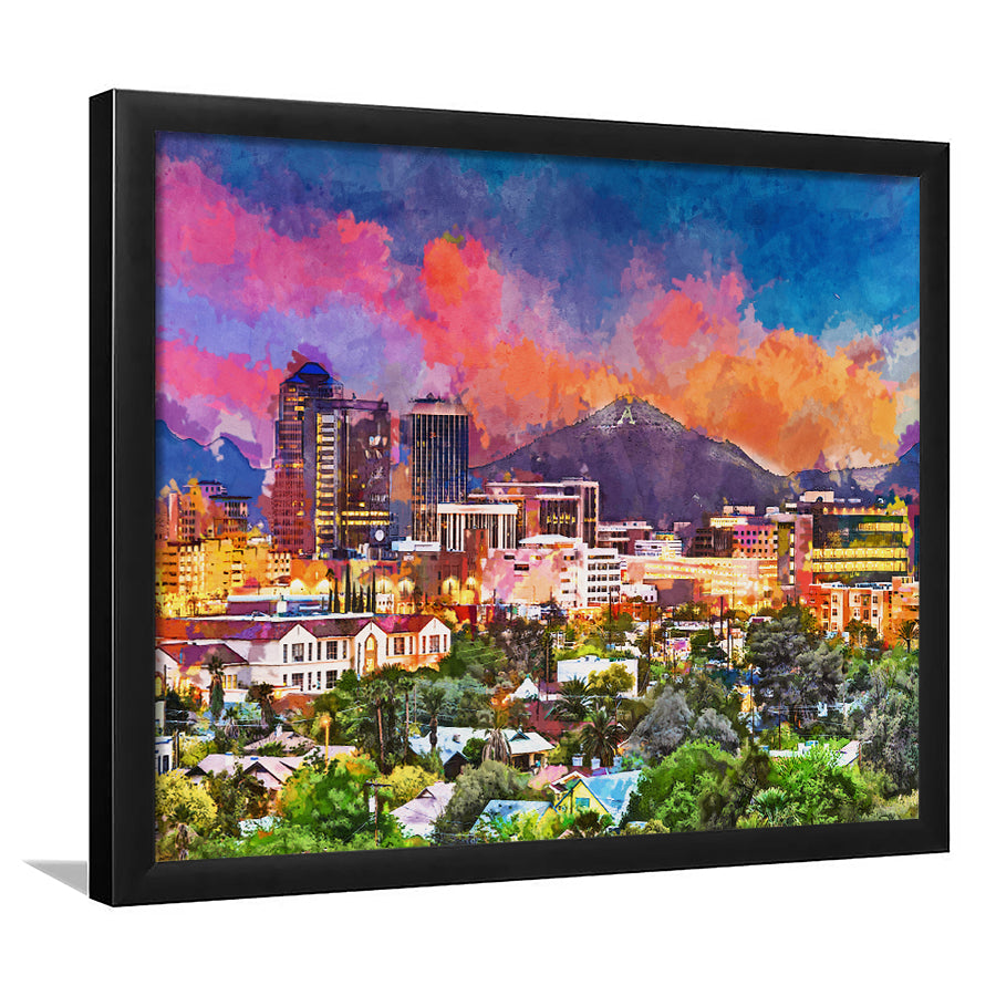 Tucson Arizona Usa Downtown Skyline Sentinel City Art Watercolor Framed Art Prints Wall Art Decor,Framed Picture
