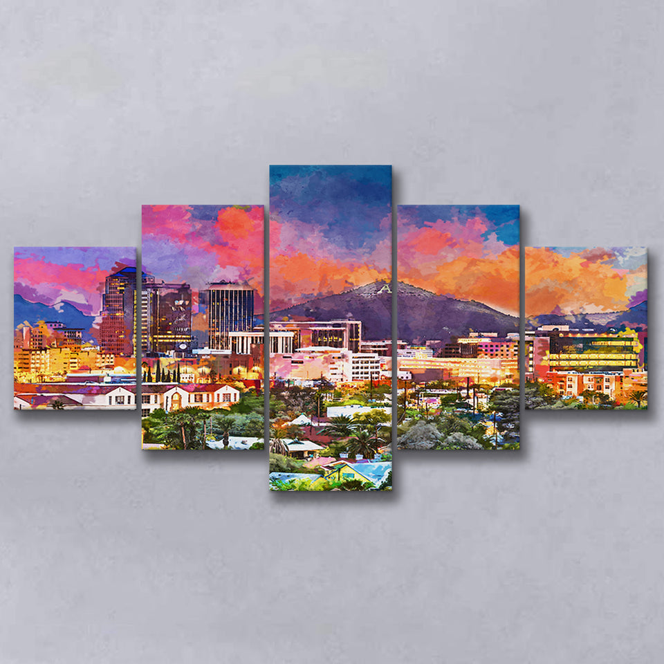 Tucson Arizona Usa Downtown Skyline Sentinel 5 Pieces Mixed Canvas Prints Wall Art Home Decor