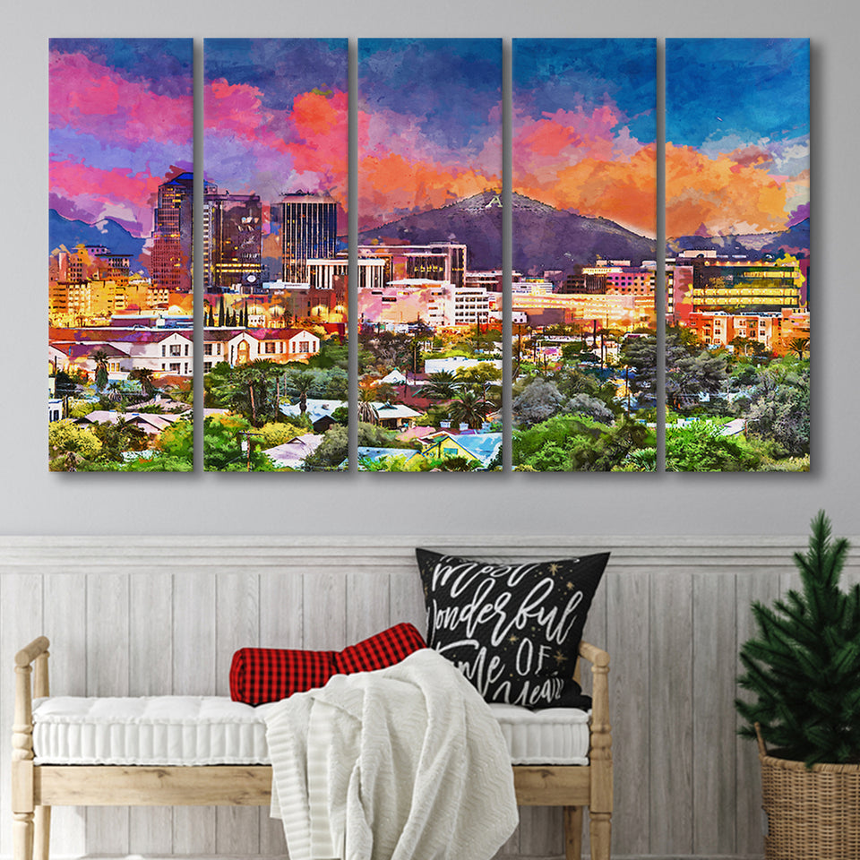 Tucson Arizona Usa Downtown Skyline Sentinel 5 Pieces Extra Large Canvas Prints Wall Art Home Decor
