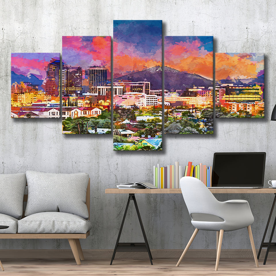 Tucson Arizona Usa Downtown Skyline Sentinel 5 Pieces Mixed Canvas Prints Wall Art Home Decor