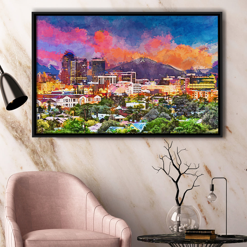 Tucson Arizona Usa Downtown Skyline Sentinel City Art Watercolor Framed Canvas Prints Wall Art Home Decor,Floating Frame