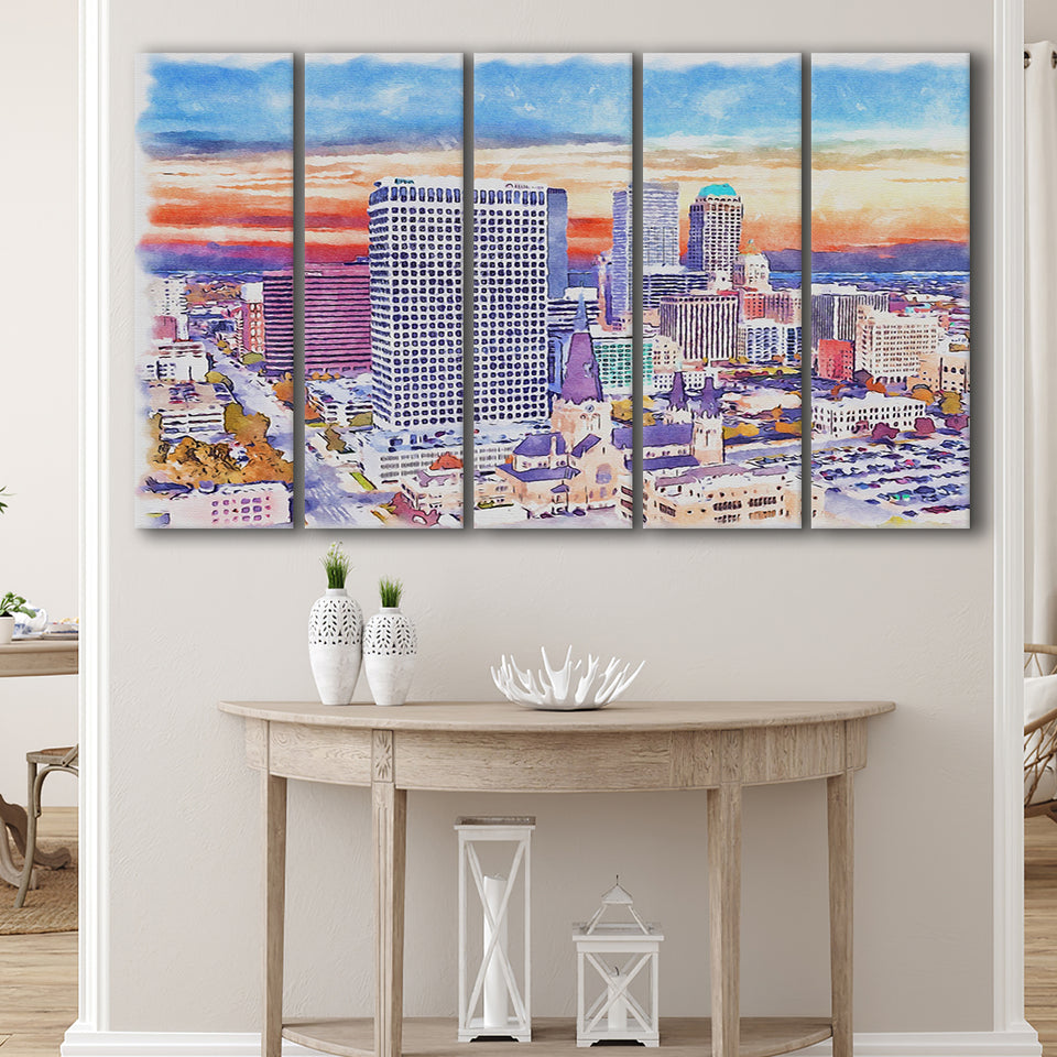 Tulsa Watercolor Tulsa Oklahoma, 5 Pieces B, Multi Panel Canvas Prints Wall Art Decor