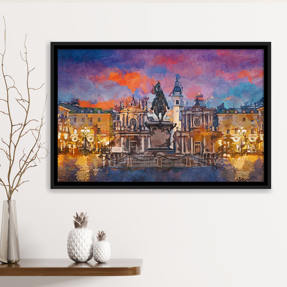 Turin Italy Piazza San Carlo During City Art Watercolor Framed Canvas Prints Wall Art Home Decor,Floating Frame