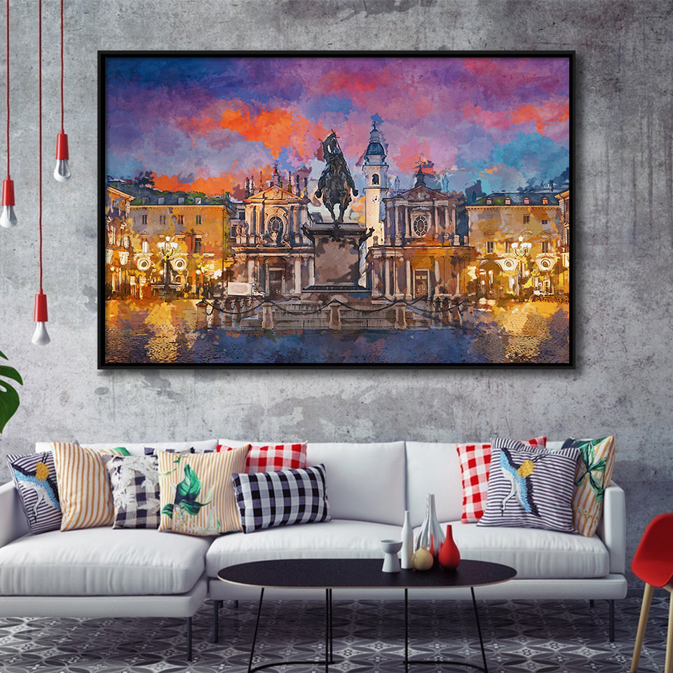 Turin Italy Piazza San Carlo During City Art Watercolor Framed Canvas Prints Wall Art Home Decor,Floating Frame