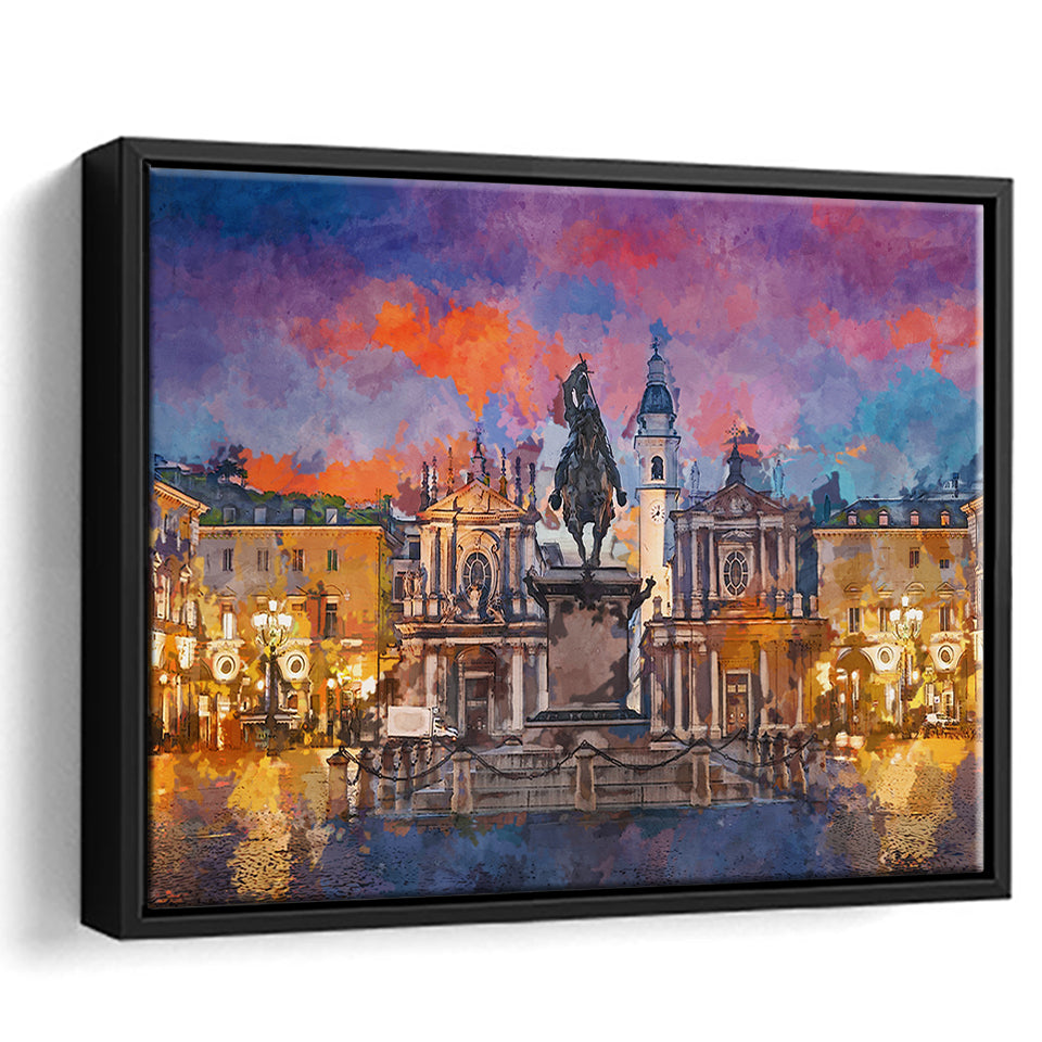 Turin Italy Piazza San Carlo During City Art Watercolor Framed Canvas Prints Wall Art Home Decor,Floating Frame