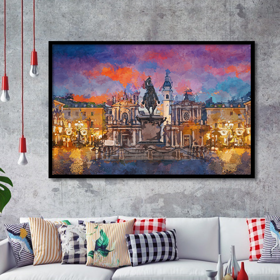 Turin Italy Piazza San Carlo During City Art Watercolor Framed Art Prints Wall Art Decor,Framed Picture