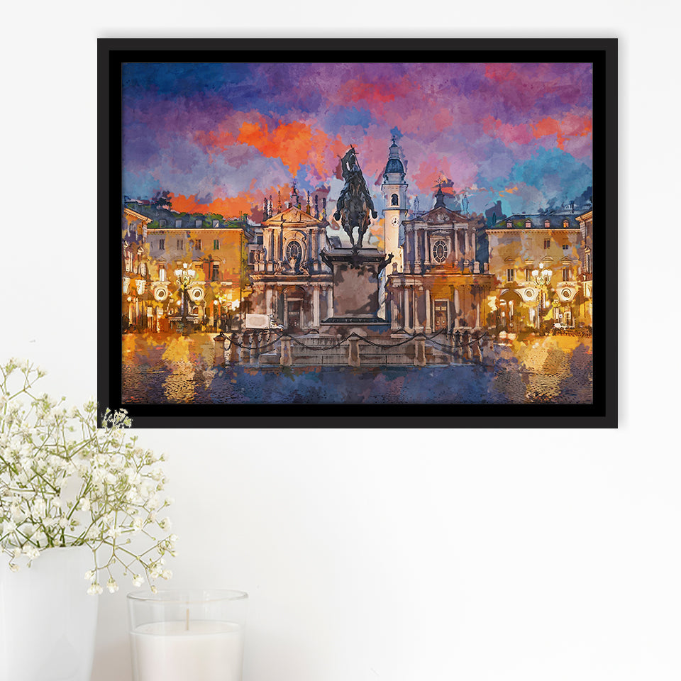 Turin Italy Piazza San Carlo During City Art Watercolor Framed Canvas Prints Wall Art Home Decor,Floating Frame
