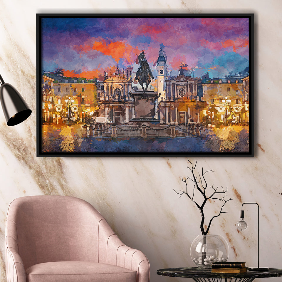 Turin Italy Piazza San Carlo During City Art Watercolor Framed Canvas Prints Wall Art Home Decor,Floating Frame
