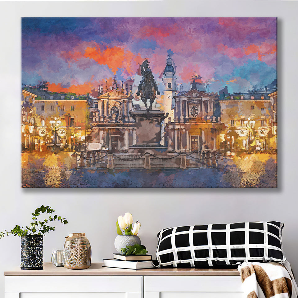 Turin Italy Piazza San Carlo During City Art Watercolor Canvas Prints Wall Art Home Decor, Large Canvas
