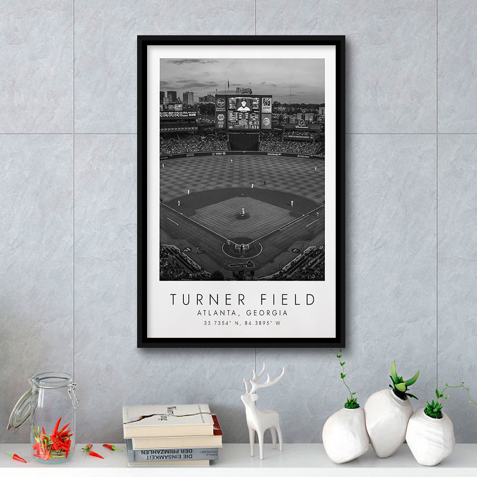 Turner Field Atlanta Braves Baseball Lovers Black And White Art Framed Canvas Prints Wall Art Home Decor, Floating Frame