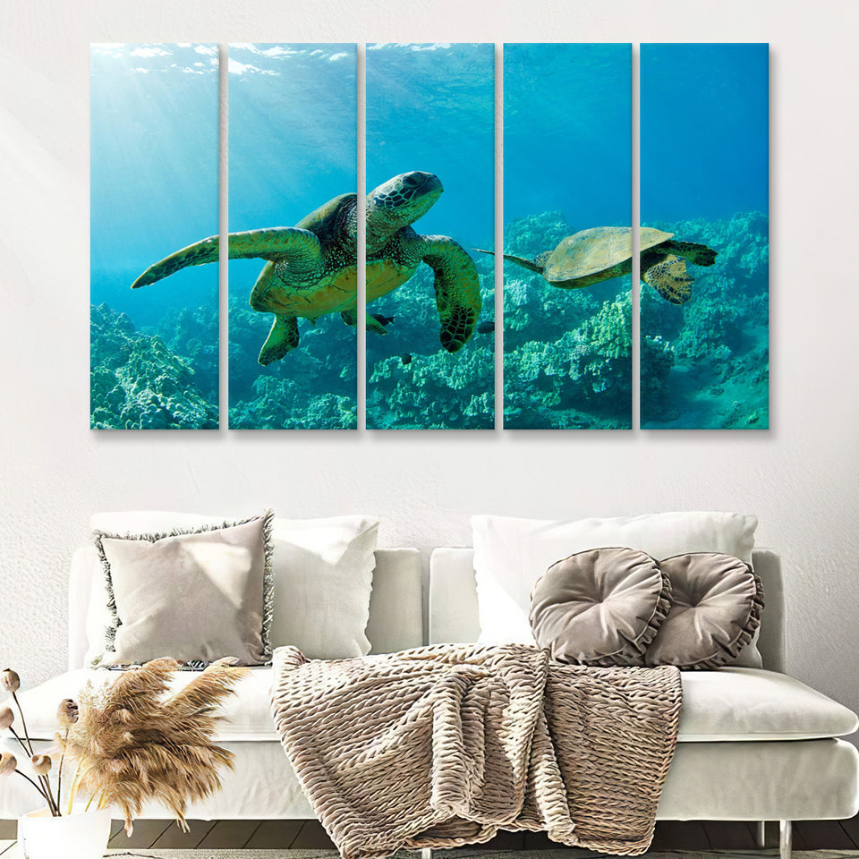 Two Beautiful Sea Turtle 5 Pieces B Canvas Prints Wall Art - Painting Canvas, Multi Panels,5 Panel, Wall Decor