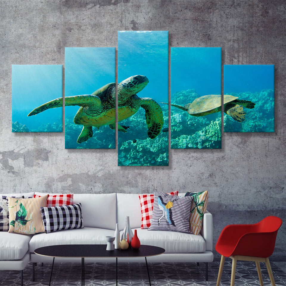 Two Beautiful Sea Turtle  5 Pieces Canvas Prints Wall Art - Painting Canvas, Multi Panels, 5 Panel, Wall Decor