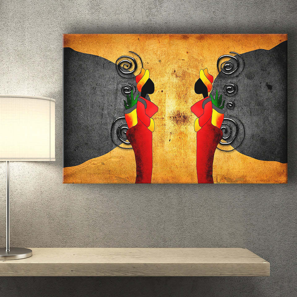 Two Ladies in African Retro Vintage Style Canvas Prints Wall Art - Painting Canvas, African Art, Home Wall Decor, Painting Prints, For Sale