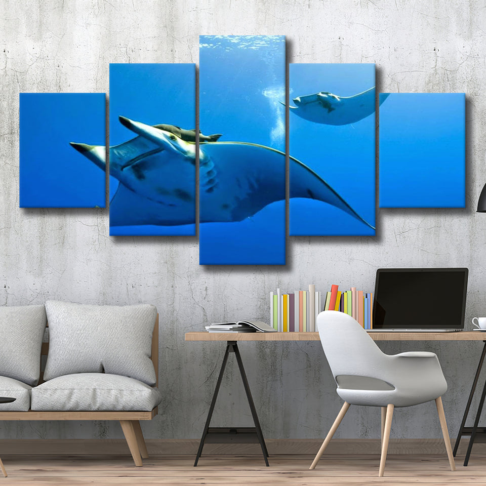 Two Manta Ray Swimming Under Water, 5 Panel Canvas Prints Wall Art,Mixed Canvas, Large Canvas