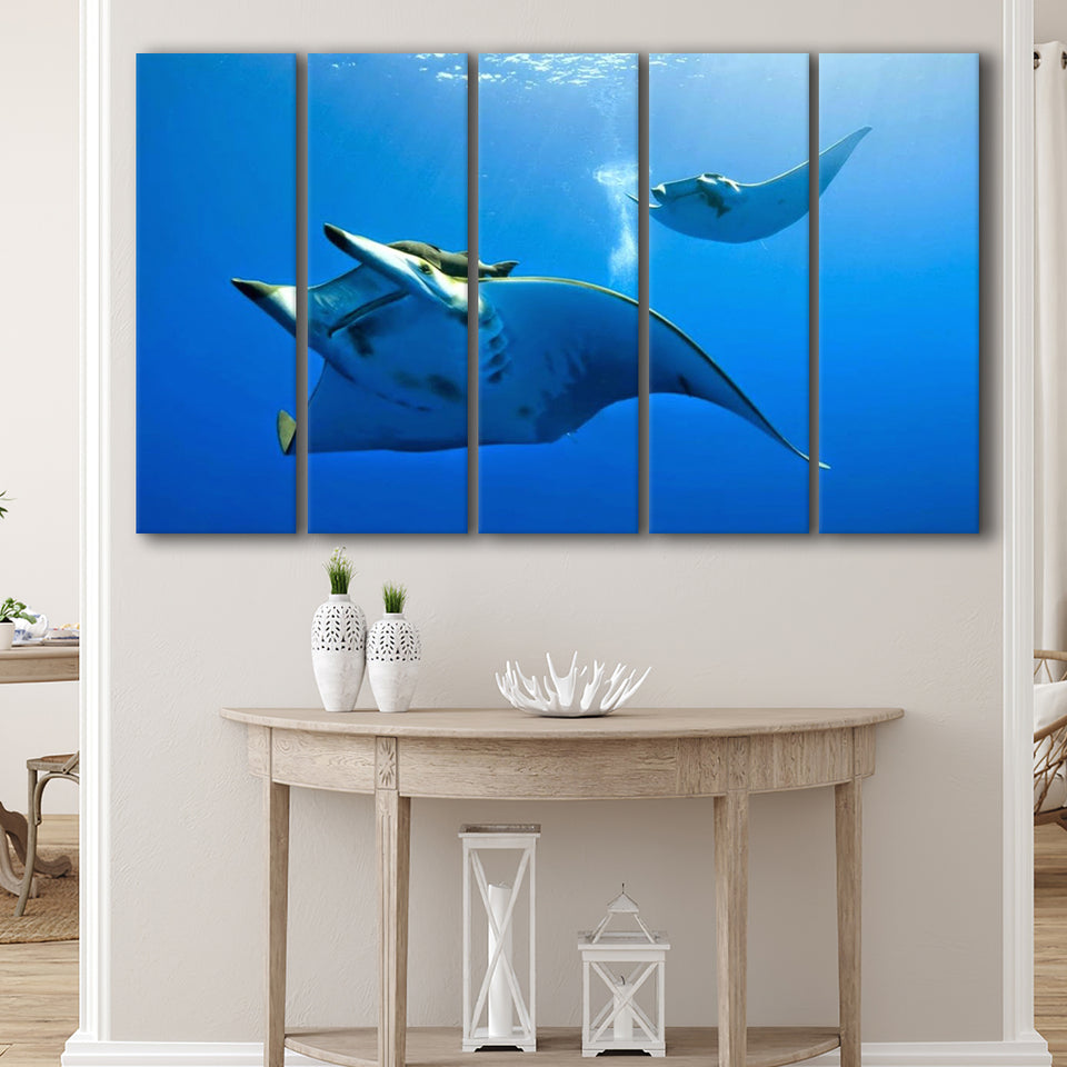 Two Manta Ray Swimming Under Water, 5 Panel B Canvas Prints Wall Art, Extra Large Canvas Decor
