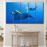 Two Manta Ray Swimming Under Water, 5 Panel B Canvas Prints Wall Art, Extra Large Canvas Decor
