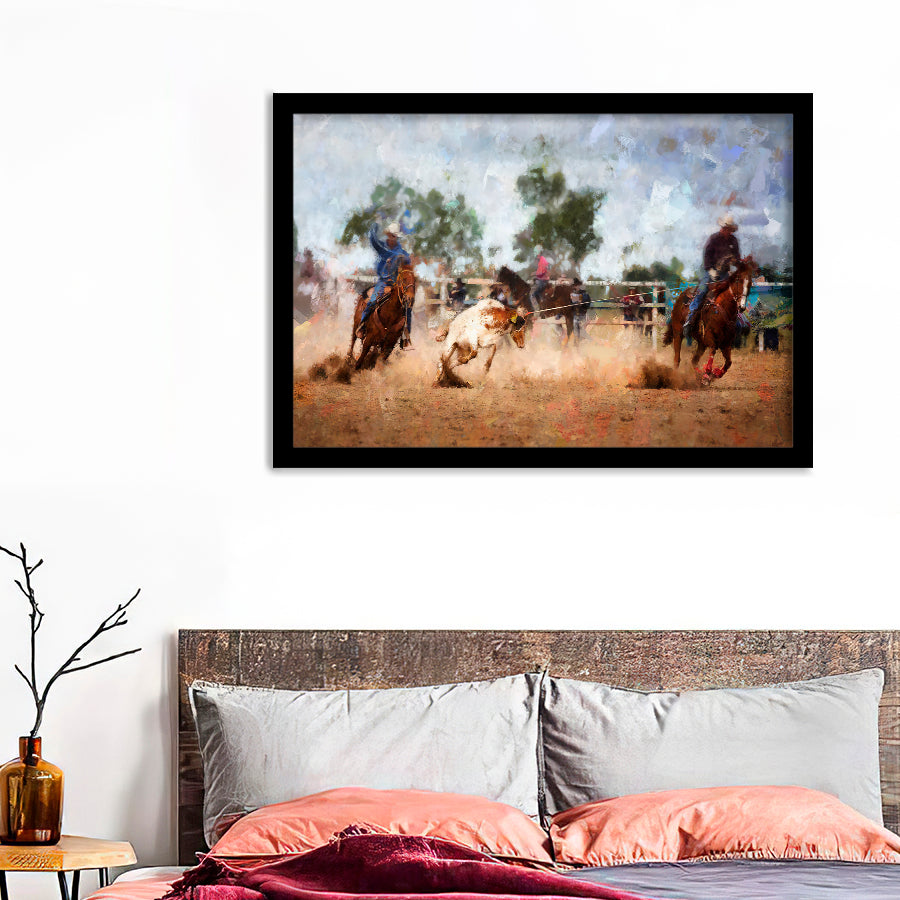 Two Cowboys On Horseback Roping A Calf At A Country Rodeo Framed Wall Art - Framed Prints, Art Prints, Print for Sale, Painting Prints